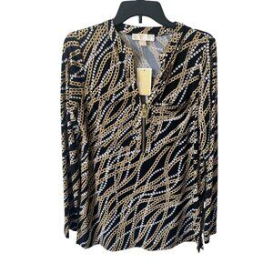 NWT Michael Michael Kors Black Gold Chain Design 1/4 Zip Blouse Size Medium